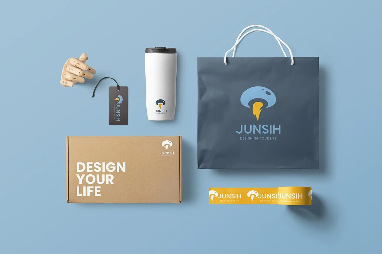 JUNSIH 提袋設計、紙、保溫杯、標籤設計